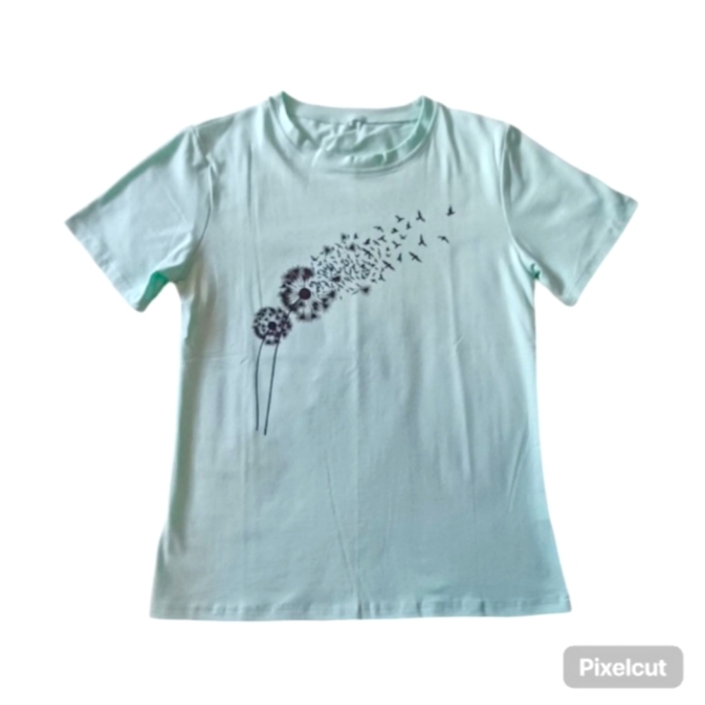 🆕️ Womens Mint Green Dandelion + Birds Graphic Tee Shirt - Size S